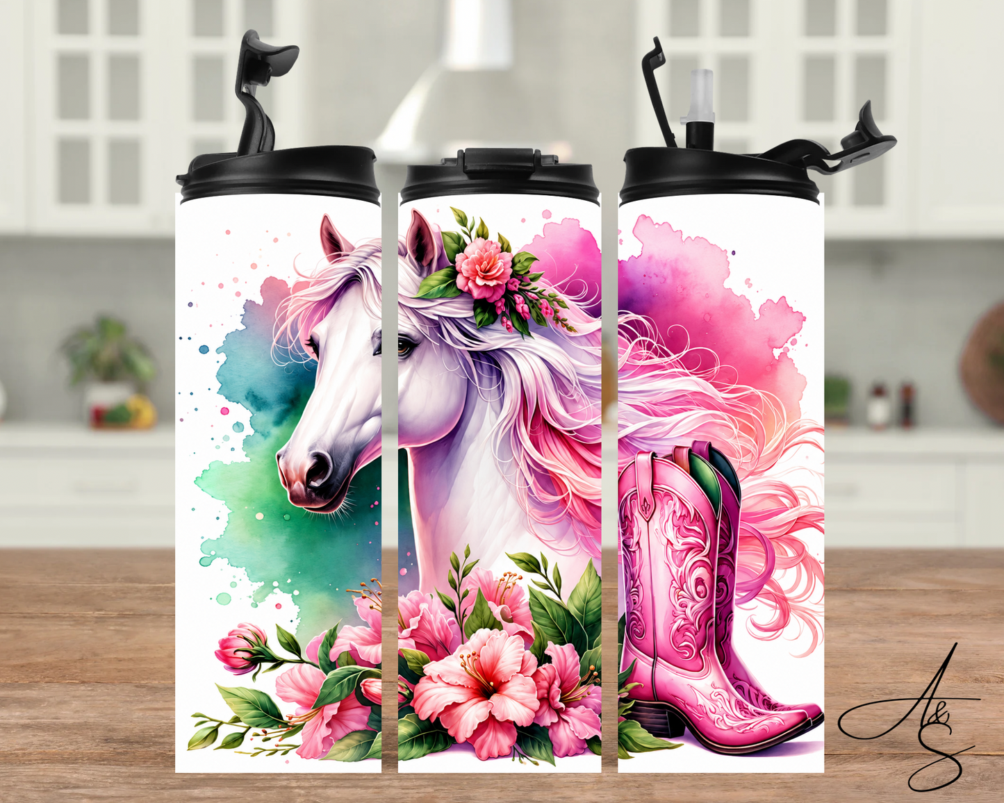 Cheval blanc aquarelle & bottes de cowgirl