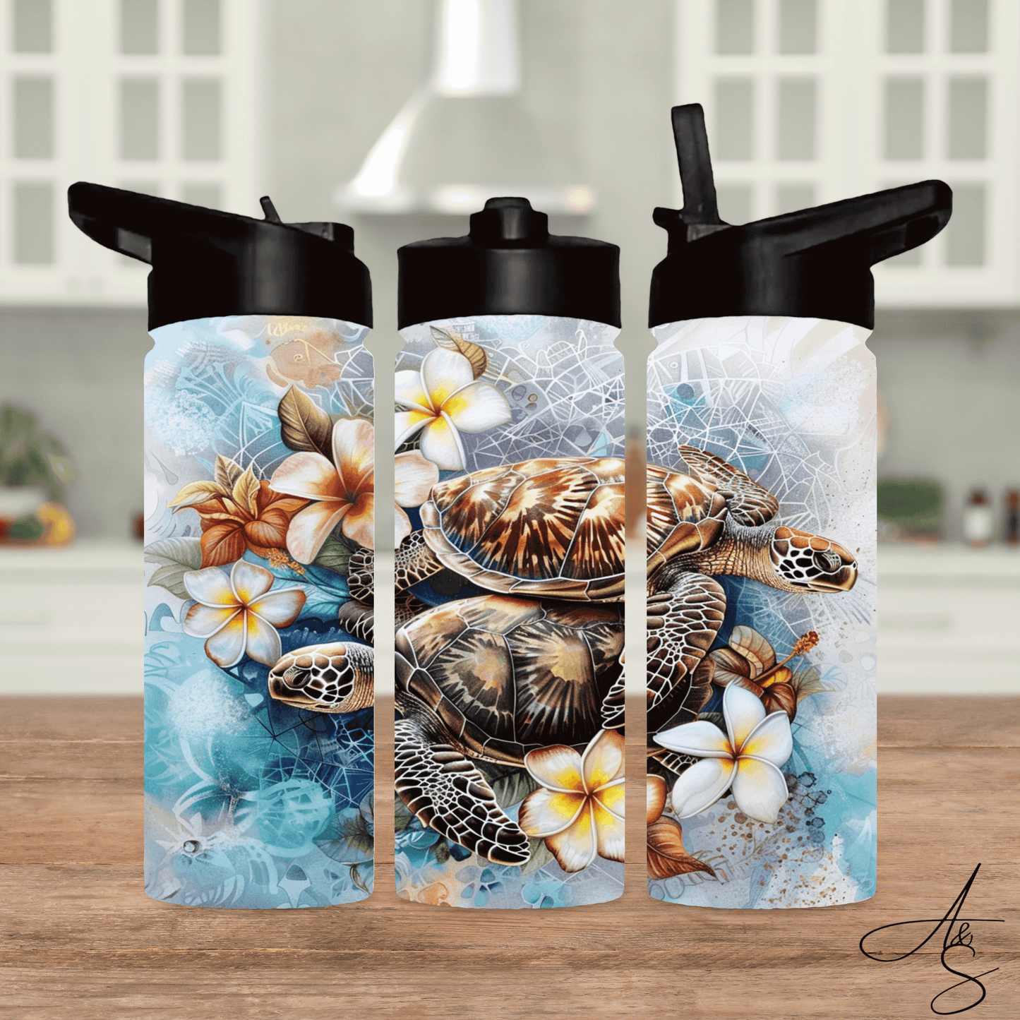 Tortue & fleurs blanches