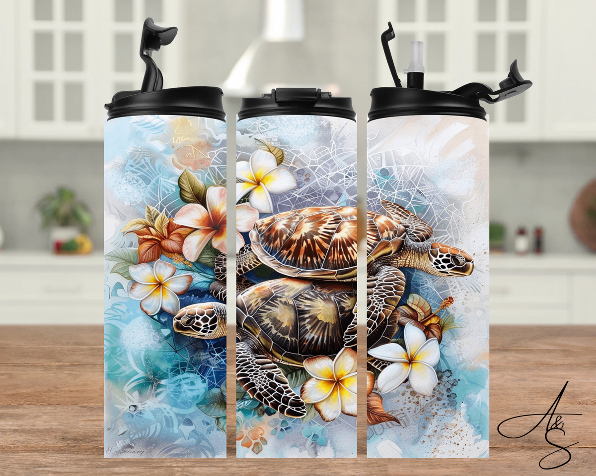 Tortue & fleurs blanches