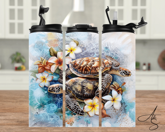 Tortue & fleurs blanches