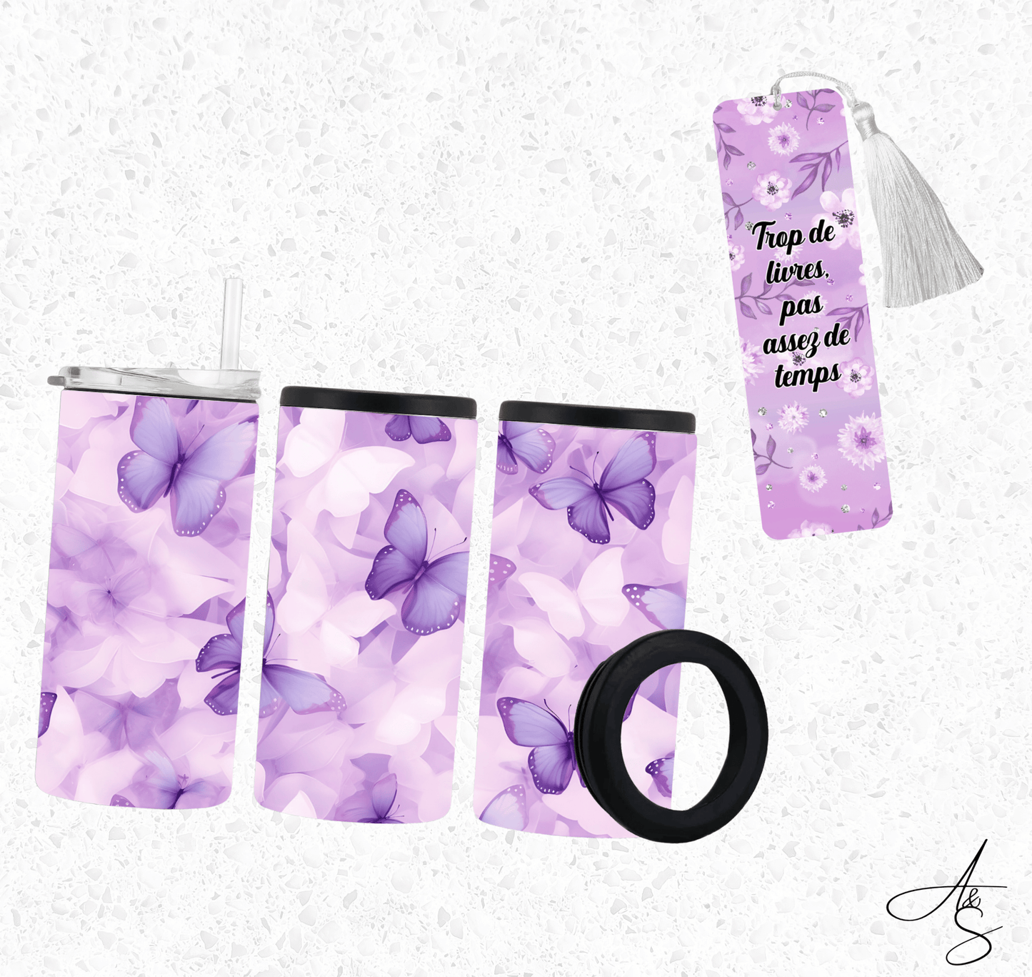 Ensemble papillons & fleurs mauves