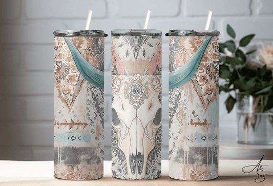 Crâne de vache  boho rose & grise