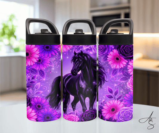 Cheval et fleurs mauves