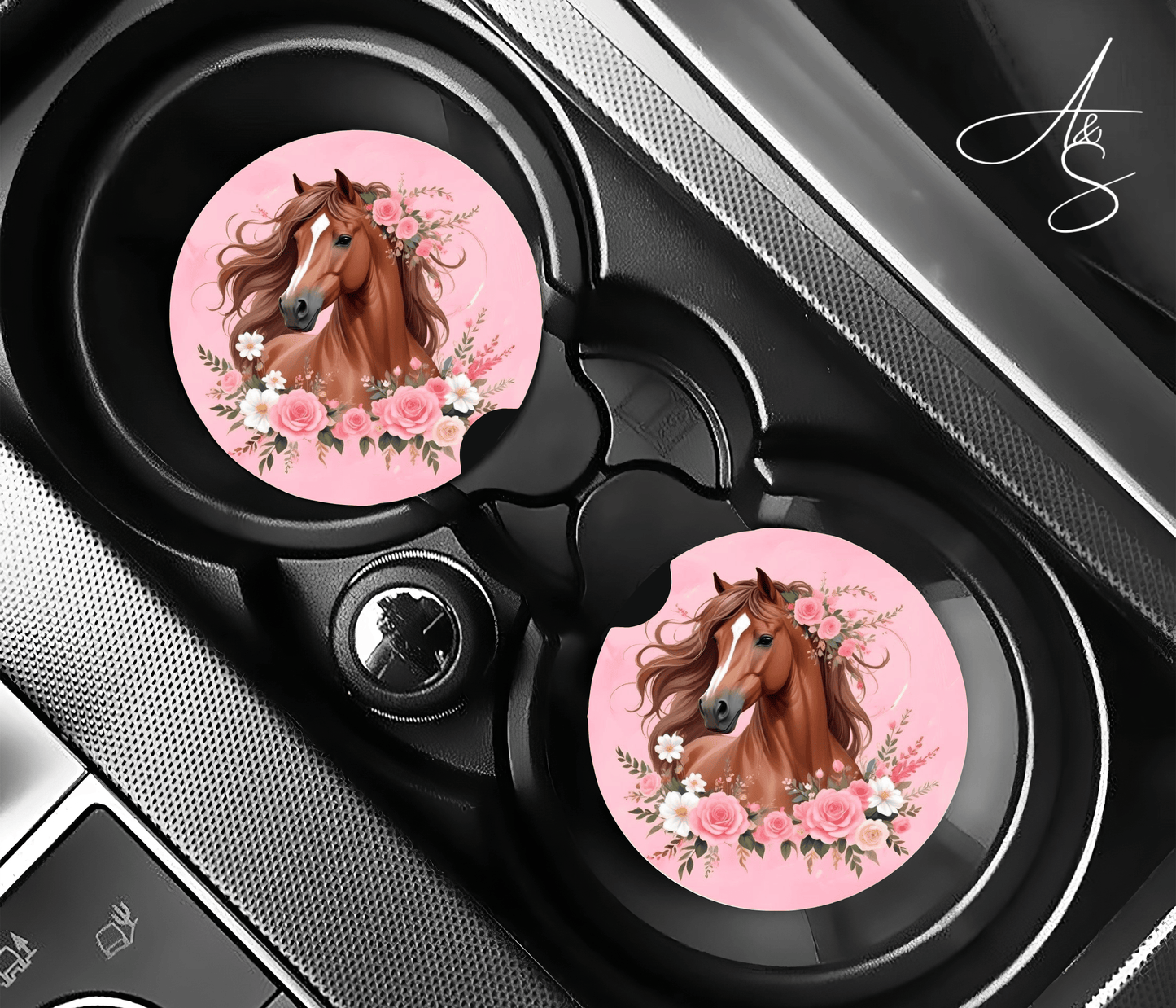 Cheval & fleurs roses
