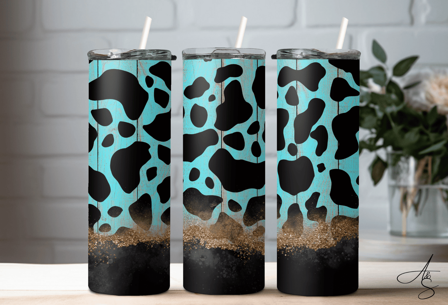 Motif de vache et bois bleu