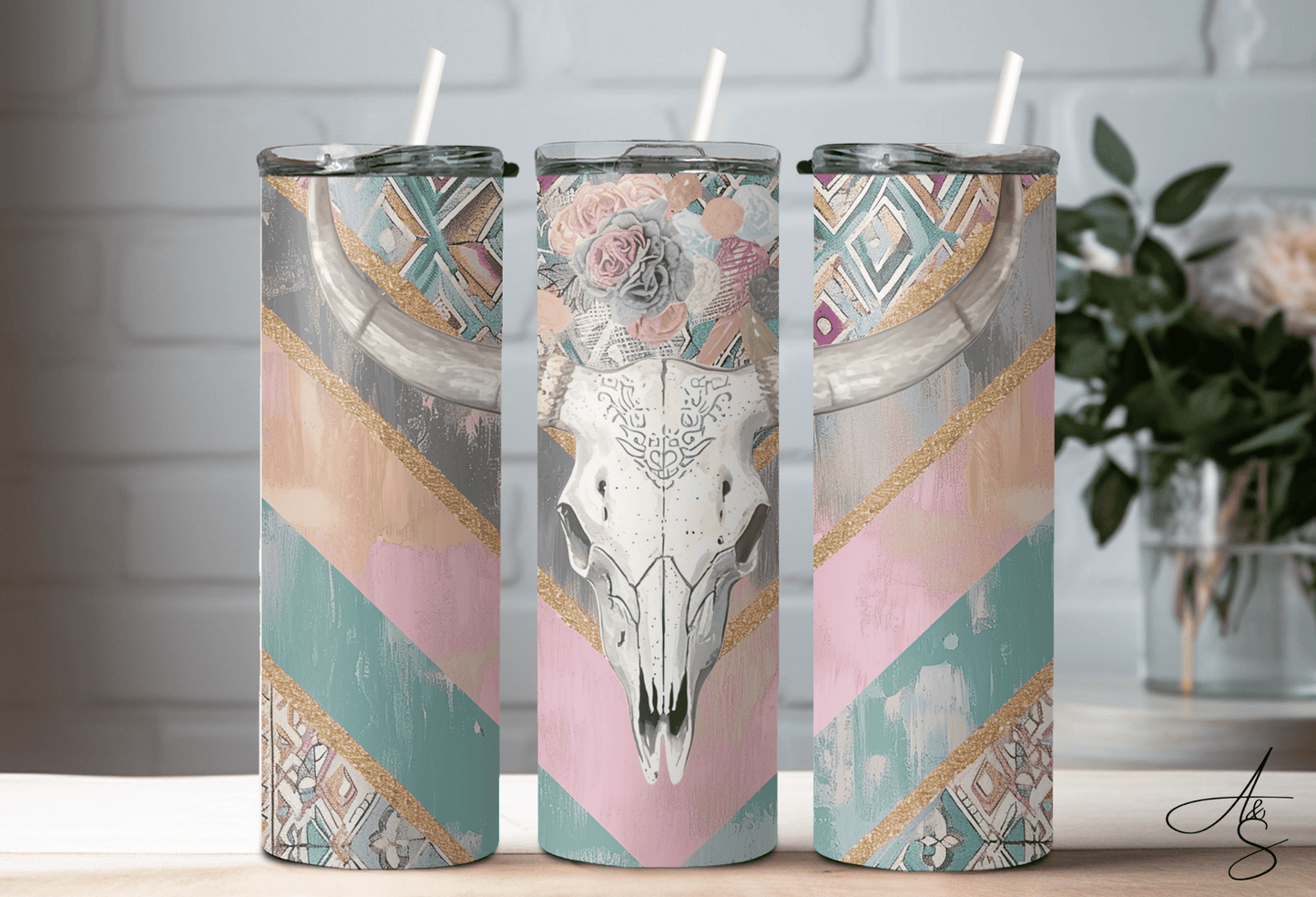 Crâne de vache  boho rose & grise