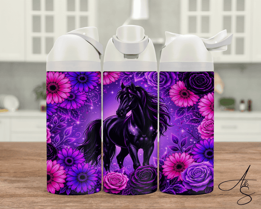 Cheval et fleurs mauves