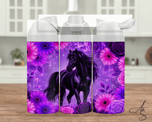 Cheval et fleurs mauves